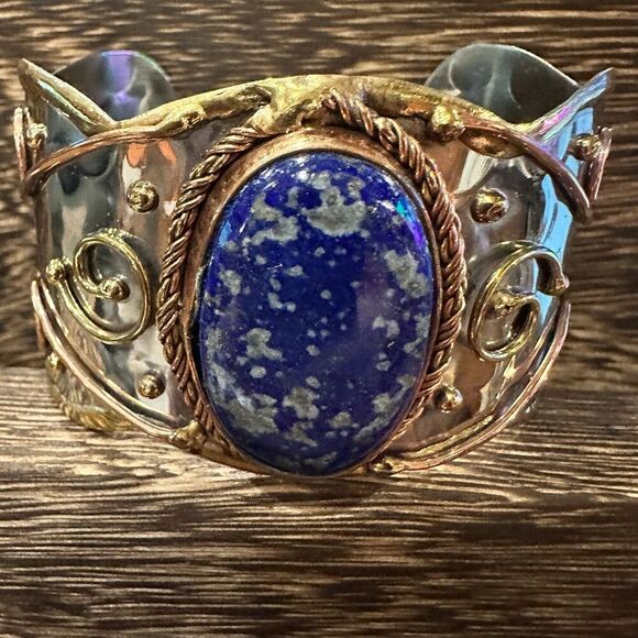 Artisan 2-Inch Wide Lapis Lazuli Cuff Bracelet, Adjustable‎ Mixed Metals, Gift R - Picture 10 of 13